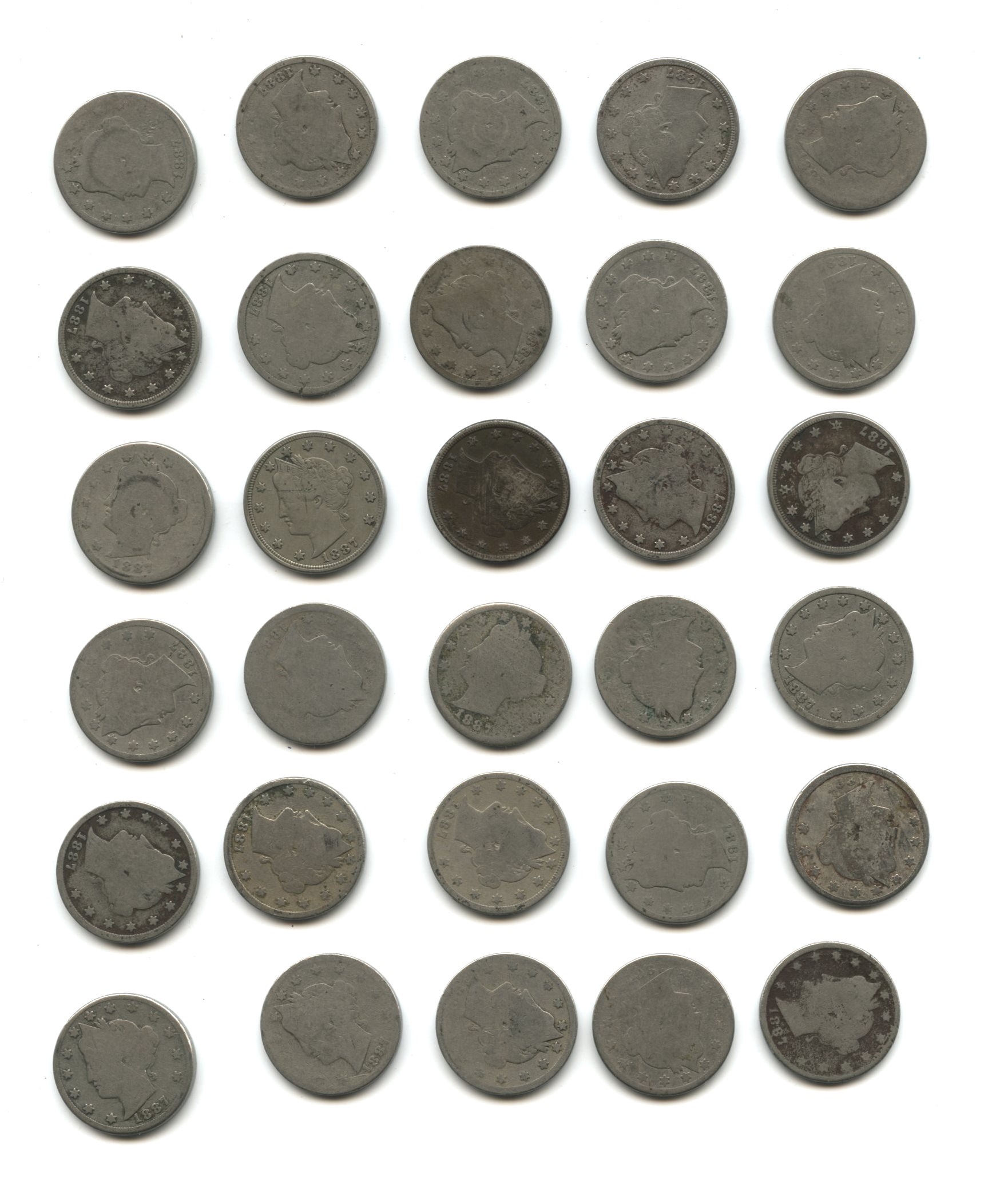 1887 Liberty Head Nickel Fair-2+ #v Partial Roll