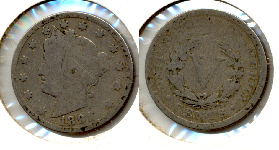 1891 Liberty Head Nickel Good-4 b Obverse Scratch