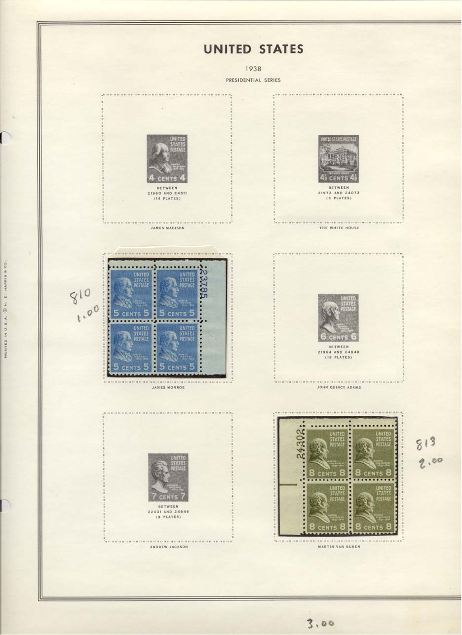 Stamp Plate Block Scott #810 James Monroe & 813 Martin Van Buren