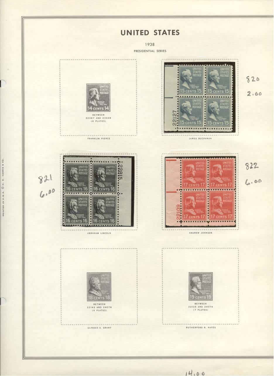 Stamp Plate Block Scott #820 James Buchanan, 821 Abraham Lincoln, & 822 Andrew Johnson