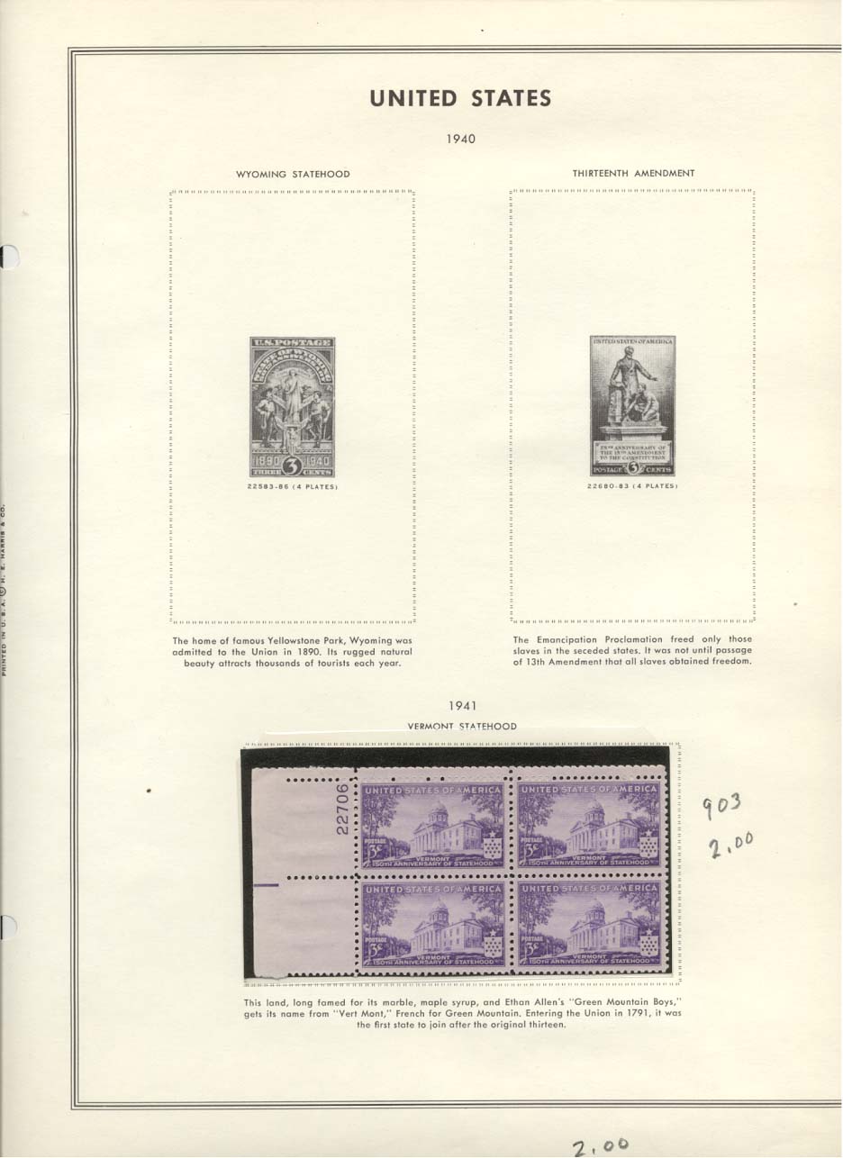 Stamp Plate Block Scott #903 Vermont Statehood