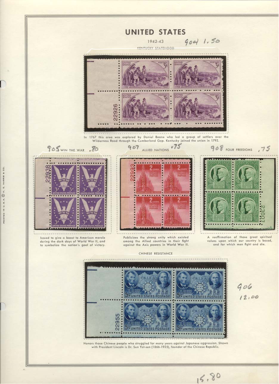 Stamp Plate Block Scott #904 Kentucky Statehood, 905 Win The War, 907 Allied Nations, 908 Four Freedoms, & 906 Chinese Resistance