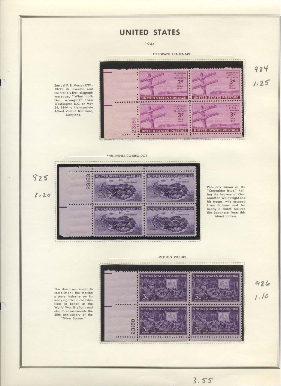 Stamp Plate Block Scott #924 Telegraph Centenary, 925 Philippines - Corregidor, & 926 Motion Pictures