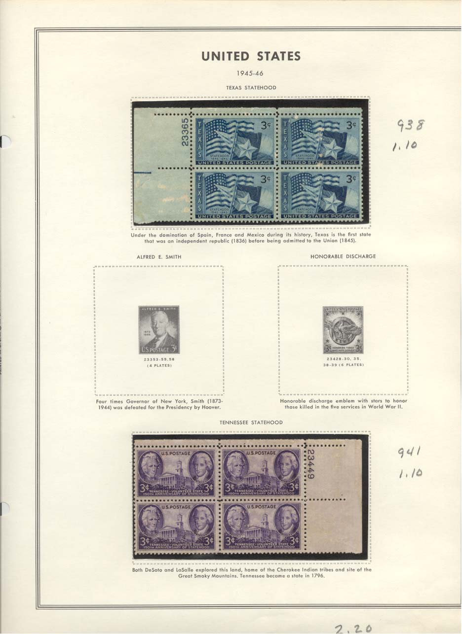 Stamp Plate Block Scott #938 Texas Statehood & 941 Tennessee Statehood