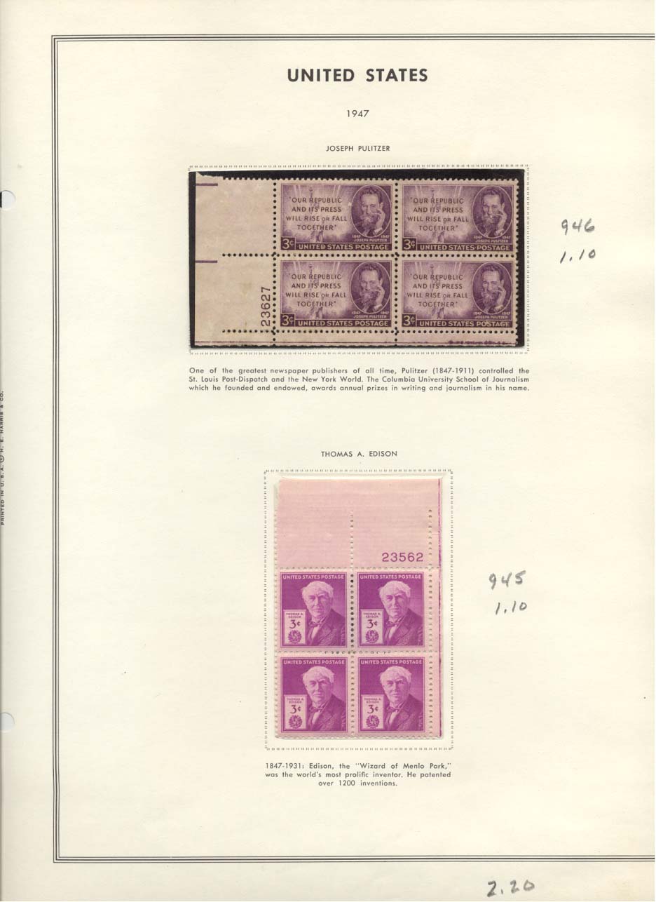 Stamp Plate Block Scott #946 Joseph Pulitzer & 945 Thomas Edison