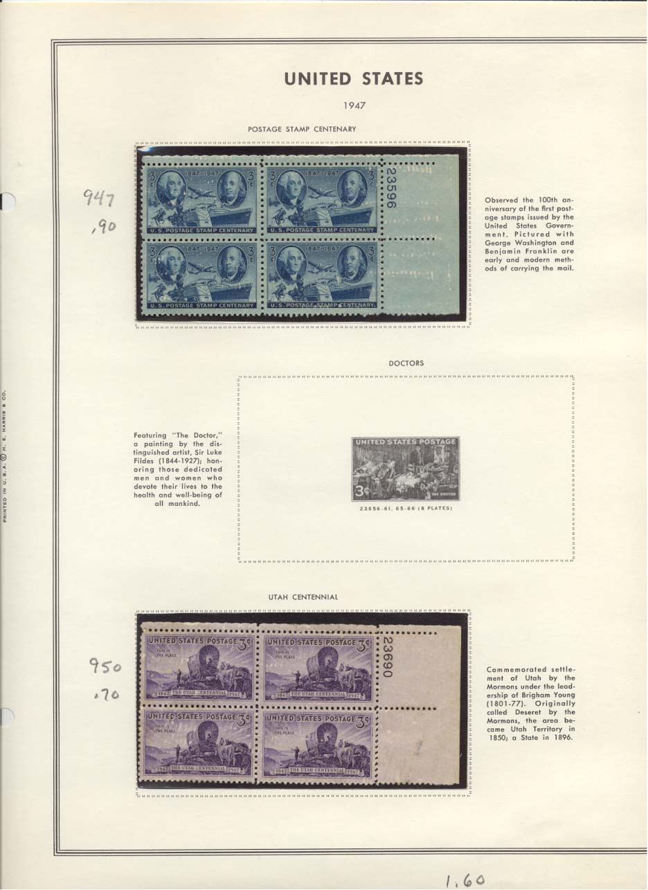 Stamp Plate Block Scott #947 Postage Stamp Centenary & 950 Utah Centennial