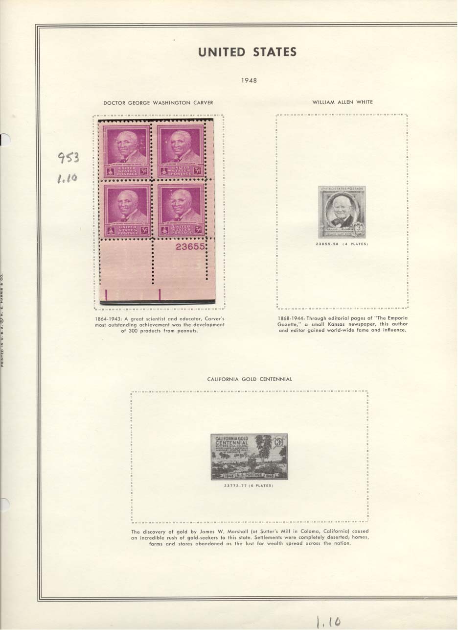 Stamp Plate Block Scott #953 George Washington Carver