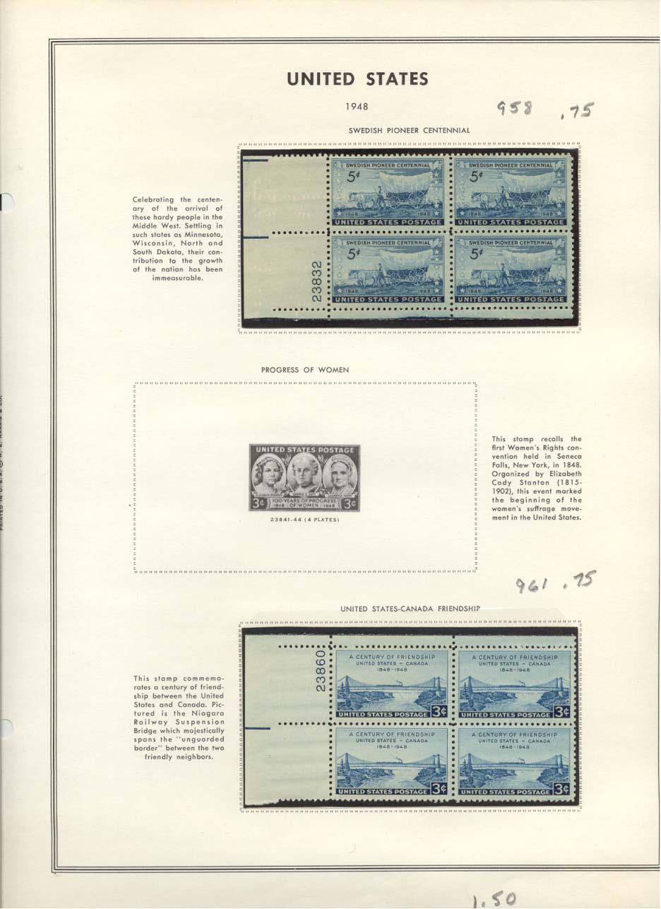 Stamp Plate Block Scott #958 Swedish Pioneer Centennial & 961 United States Canada Friendship