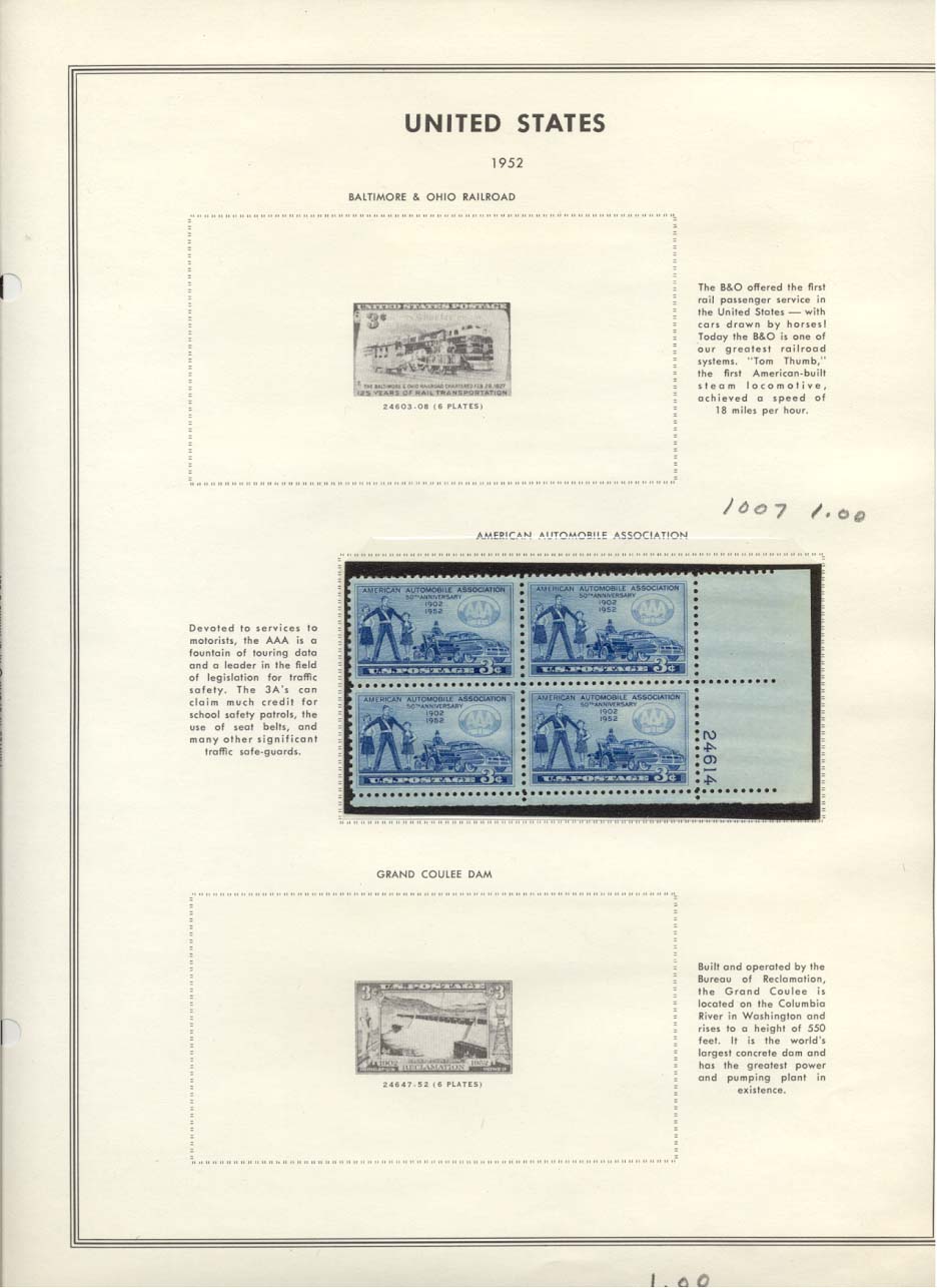 Stamp Plate Block Scott #1007 American Automobile Association