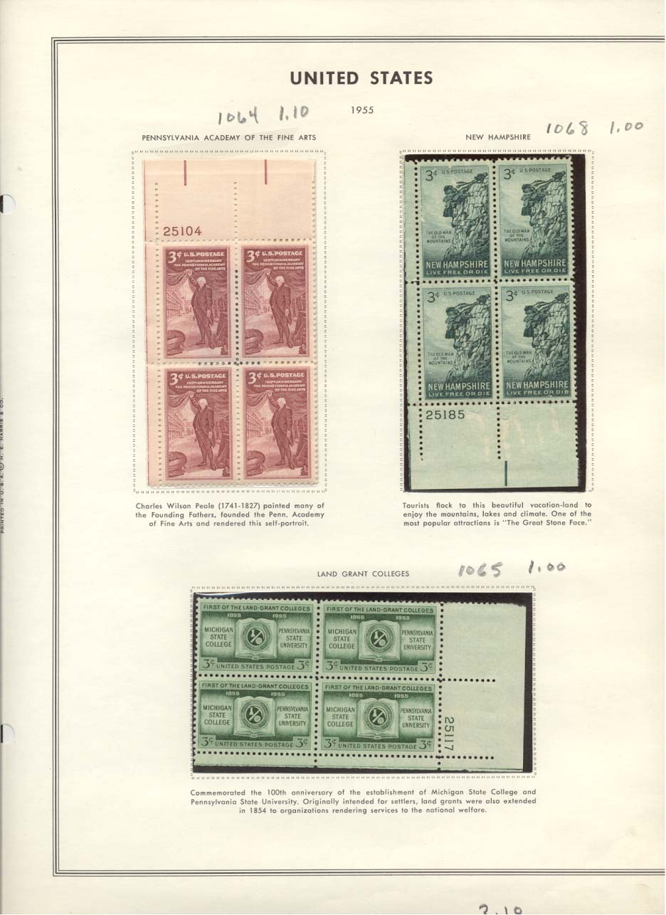 Stamp Plate Block Scott #1064 Pennsylvania Academy of the Fine Arts, 1068 New Hampshire, & 1065 Land Grant Colleges