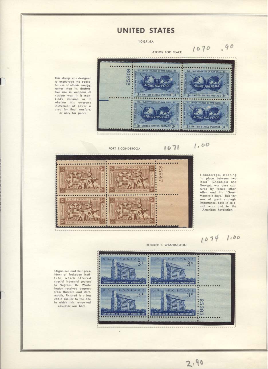 Stamp Plate Block Scott #1070 Atoms For Peace, 1071 Fort Ticonderoga, & 1074 Booker T. Washington