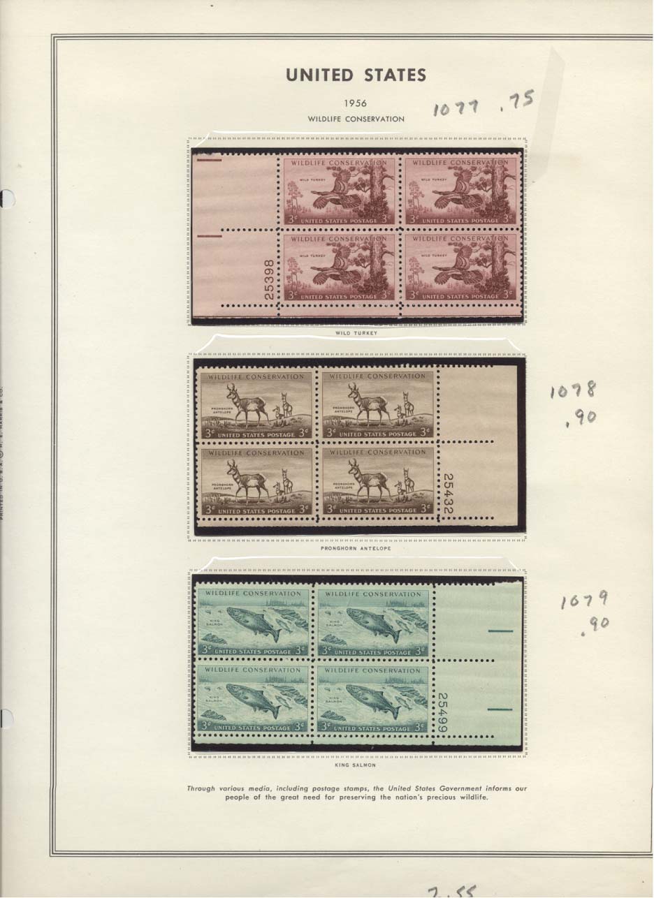 Stamp Plate Block Scott #1056 Wild Turkey, 1078 Pronghorn Antelope, & 1079 King Salmon