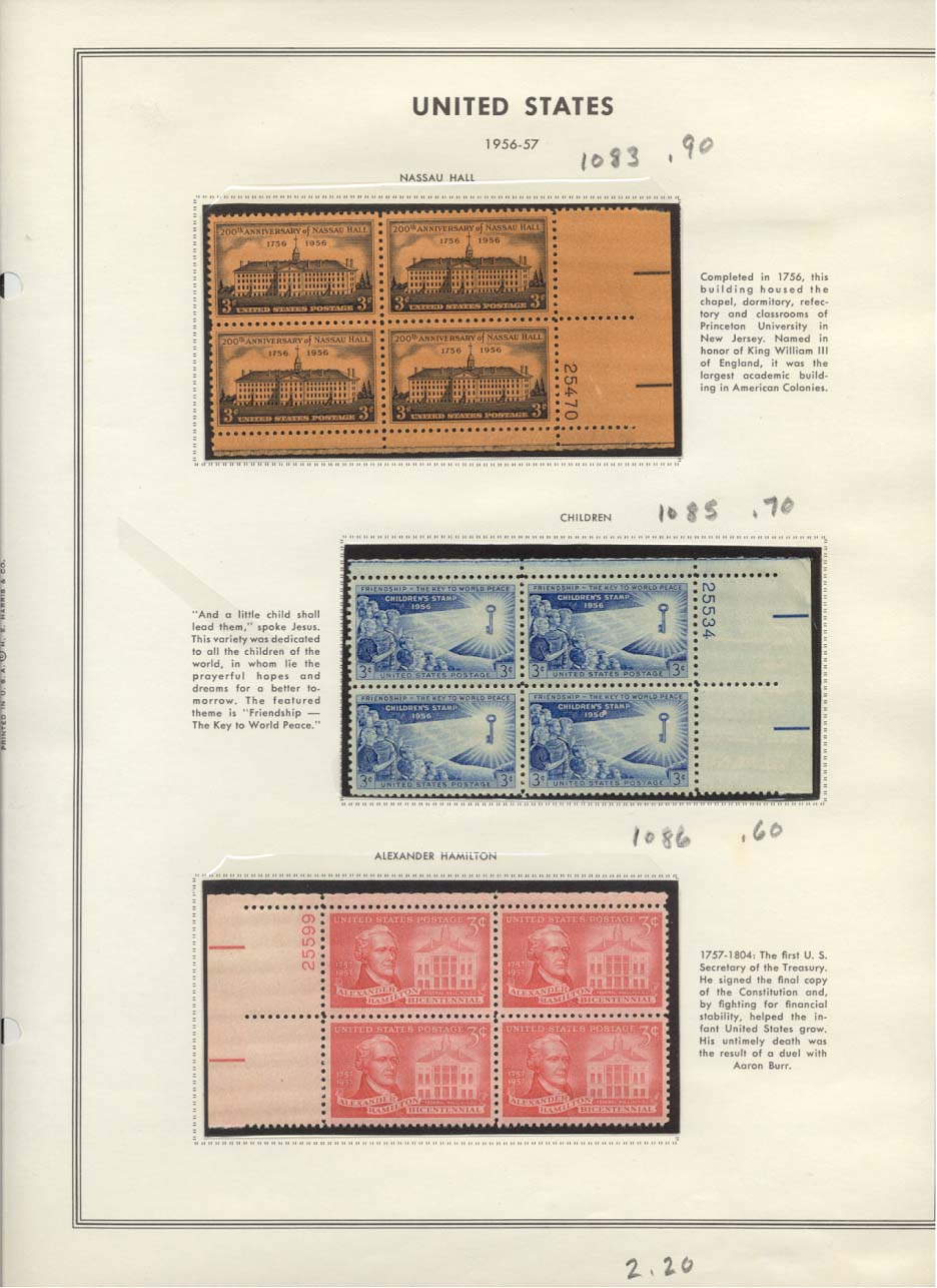 Stamp Plate Block Scott #1083 Nassau Hall, 1085 Children's Stamp, & 1086 Alexander Hamilton