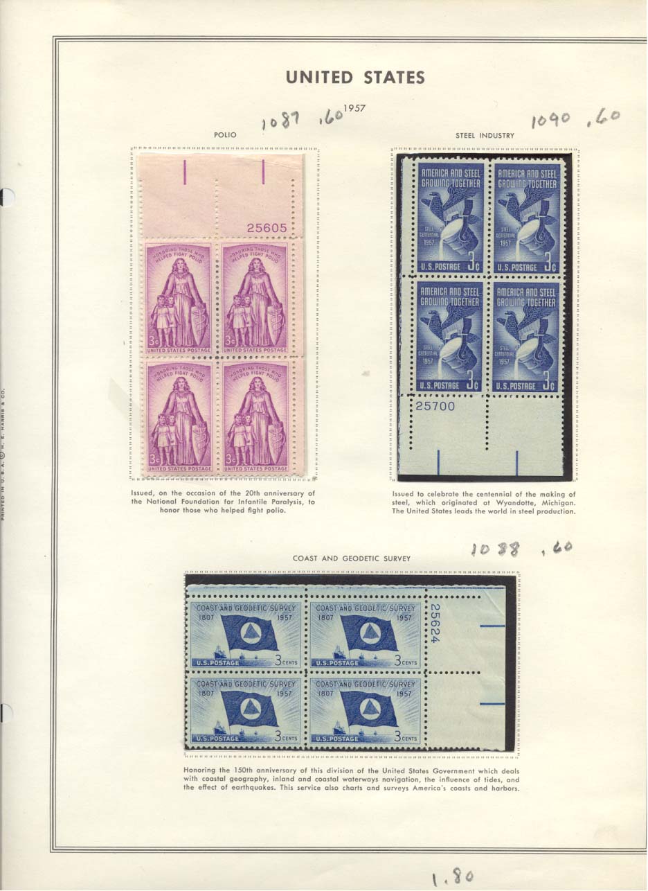 Stamp Plate Block Scott #1087 Polio, 1090 Steel Industry, & 1088 Coast and Geodetic Survey