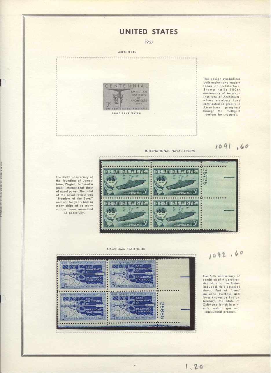 Stamp Plate Block Scott #1091 International Naval Review & 1092 Oklahoma Statehood