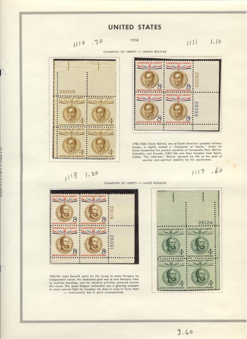 Stamp Plate Block Scott #1110 & 1111 Simon Bolivar, 1118 & 1117 Lajos Kossuth