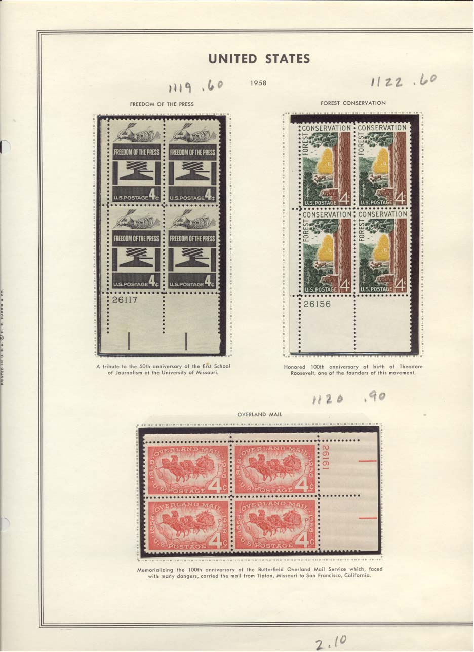 Stamp Plate Block Scott #1119 Freedom Of The Press, 1122 Forest Conservation, & 1120 Overland Mail