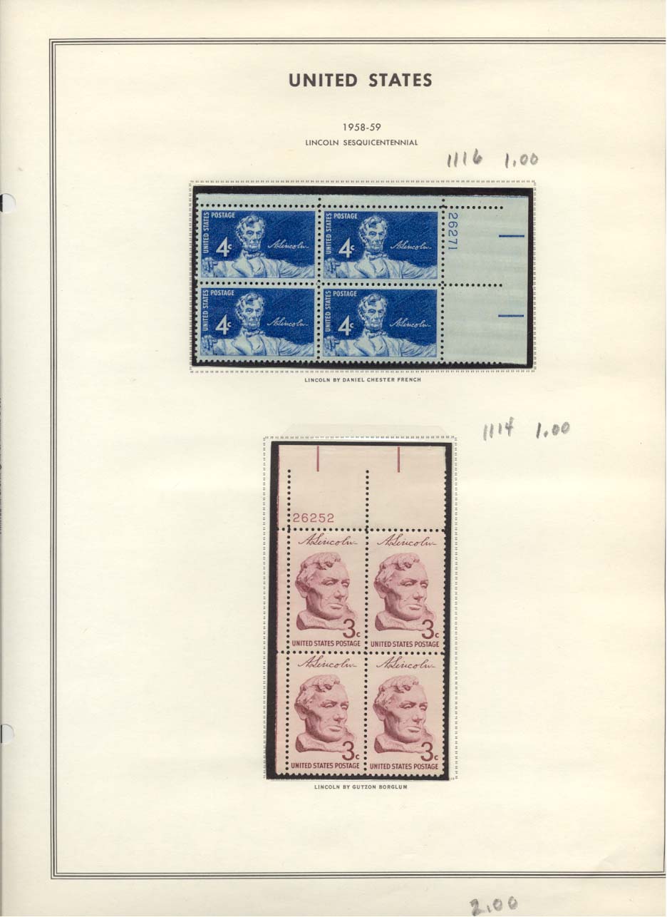 Stamp Plate Block Scott #1116 & 1114 Lincoln Sesquicentennial