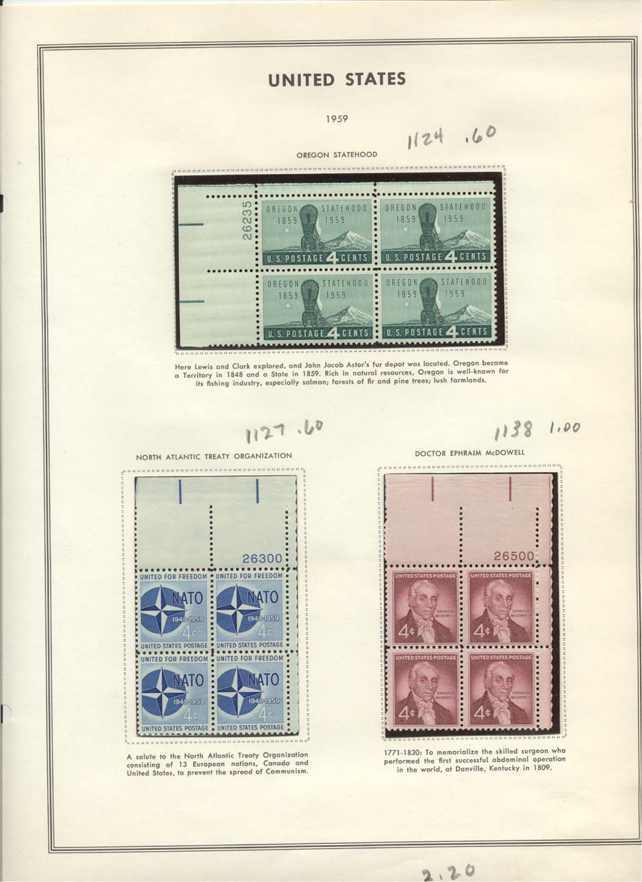 Stamp Plate Block Scott #1124 Oregon Statehood, 1127 NATO, & 1138 Ephraim McDowell