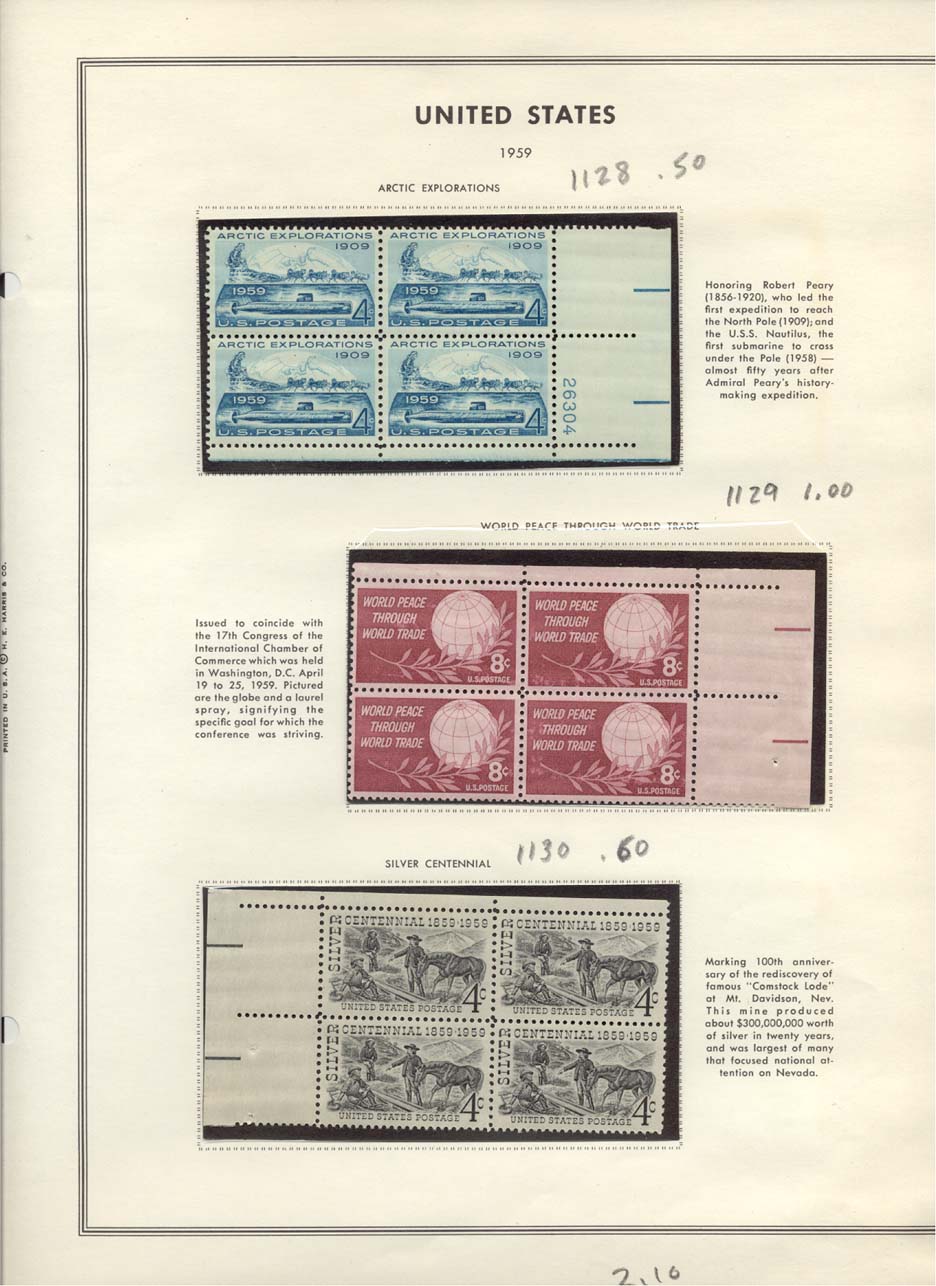 Stamp Plate Block Scott #1128 Arctic Explorations, 1129 World Peace Through World Trade, & 1130 Silver Centennial
