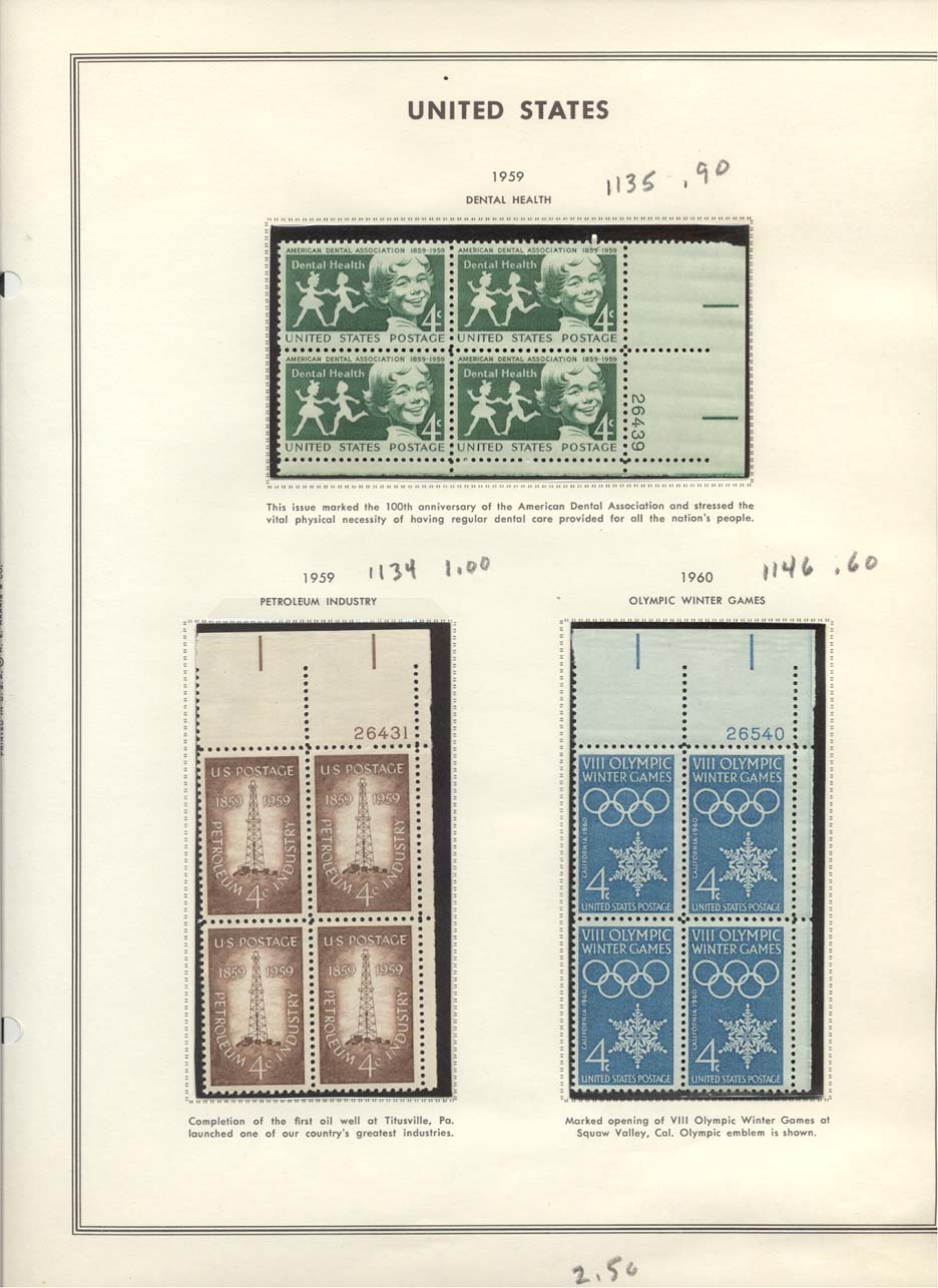 Stamp Plate Block Scott #1135 Dental Health, 1134 Petroleum Industry, & 1146 1960 Olympic Winter Games