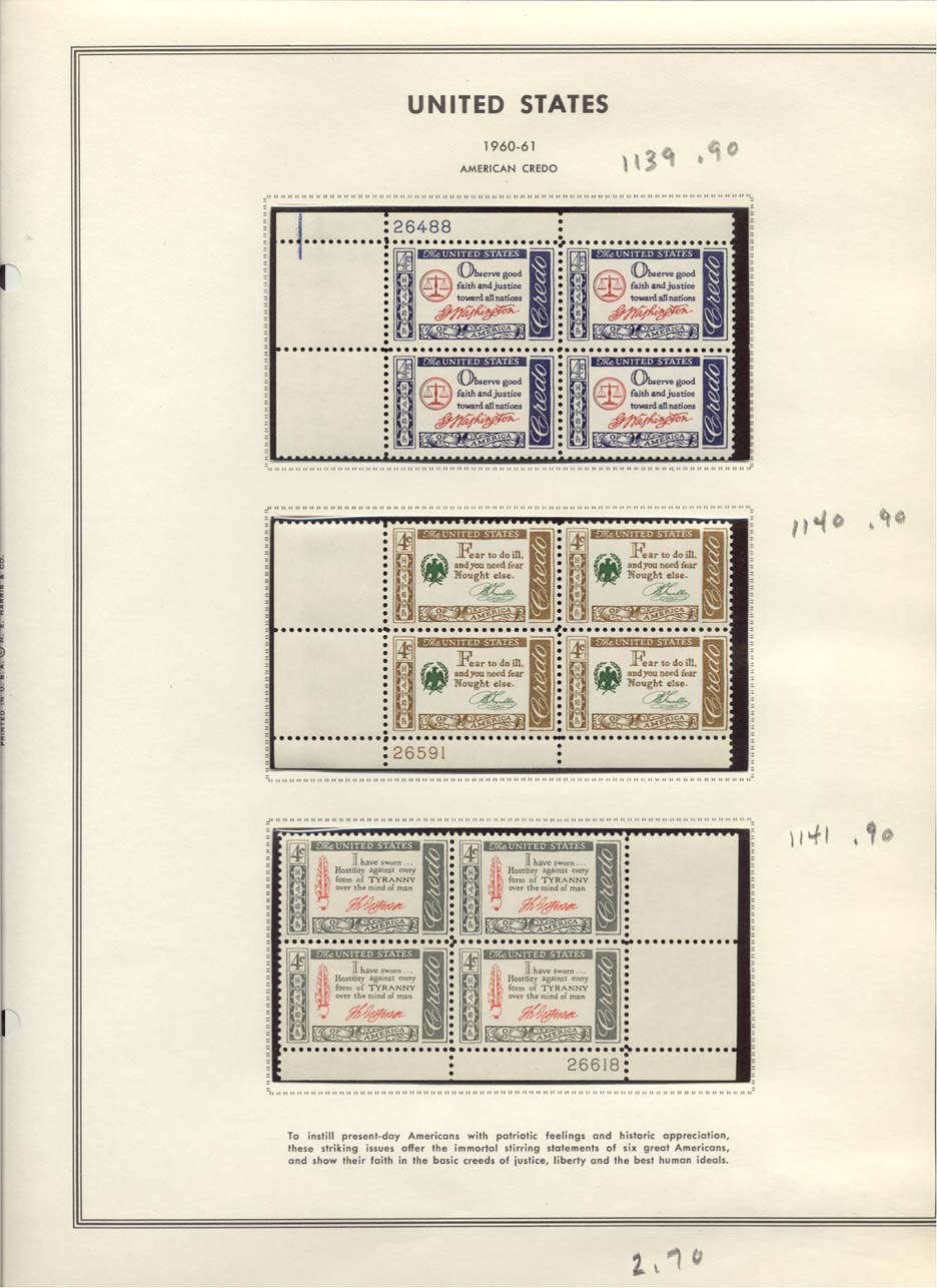 Stamp Plate Block Scott #1139, 1140, & 1141 American Credo