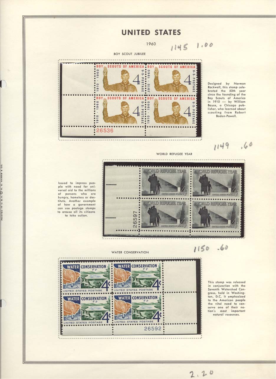 Stamp Plate Block Scott #1145 Boy Scout Jubilee, 1149 World Refugee Year, & 1150 Water Conservation