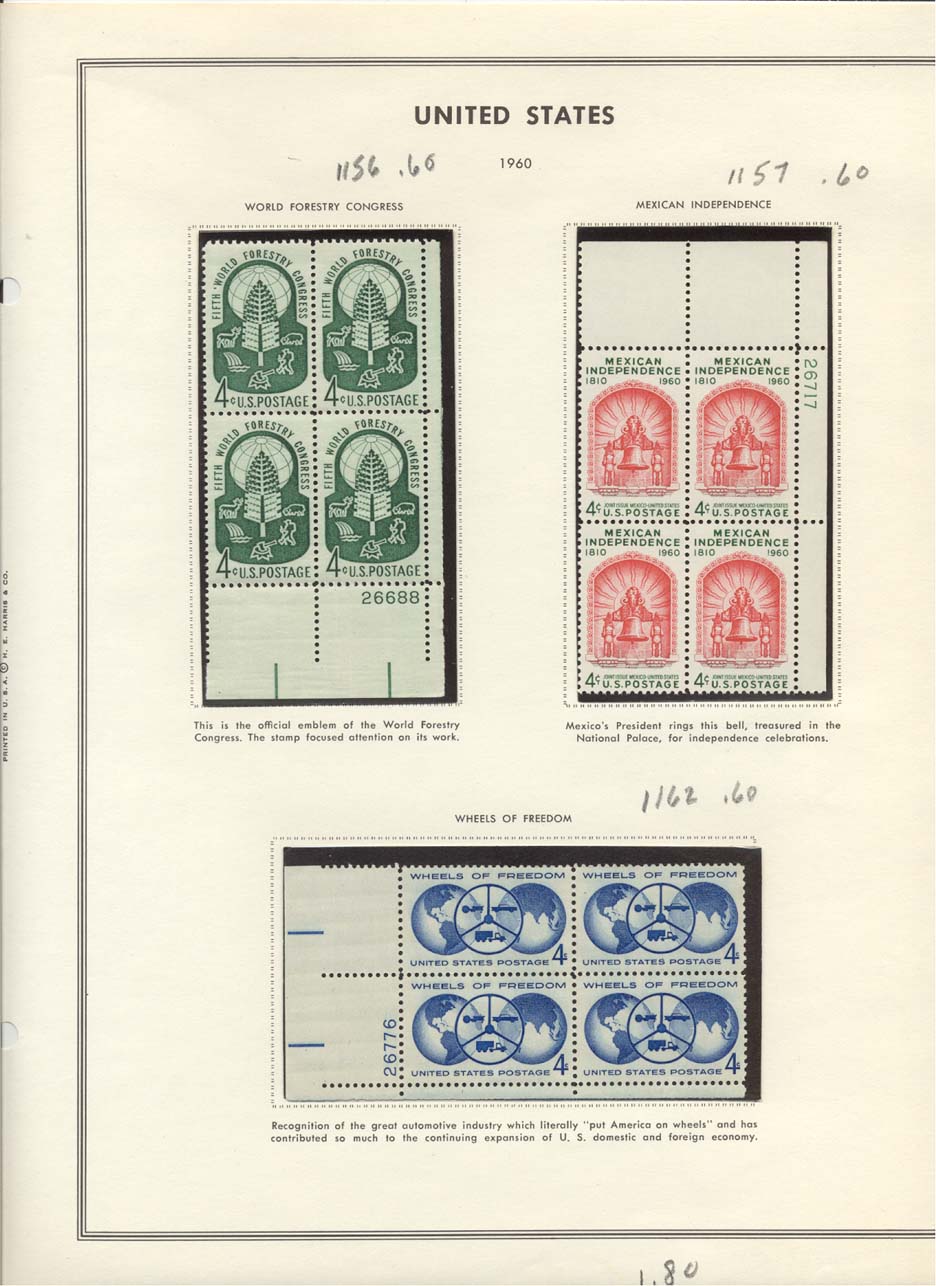 Stamp Plate Block Scott #1156 World Forestry Congress, 1157 Mexican Independence, & 1162 Wheels of Freedom