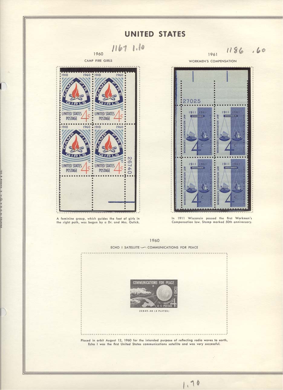 Stamp Plate Block Scott #1167 Camp Fire Girls & 1186 Workmen's Compensation