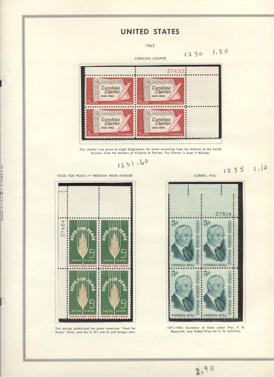 Stamp Plate Block Scott #1230 Carolina Charter, 1231 Food For Peace, & 1235 Cordell Hull