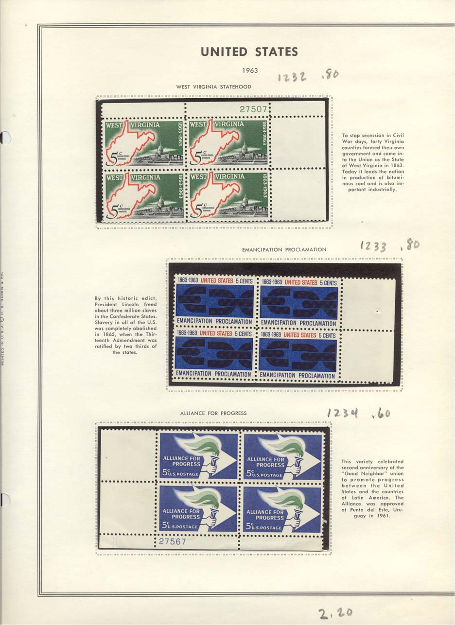 Stamp Plate Block Scott #1232 West Virginia Statehood, 1233 Emancipation Proclamation, & 1234 Alliance For Progress