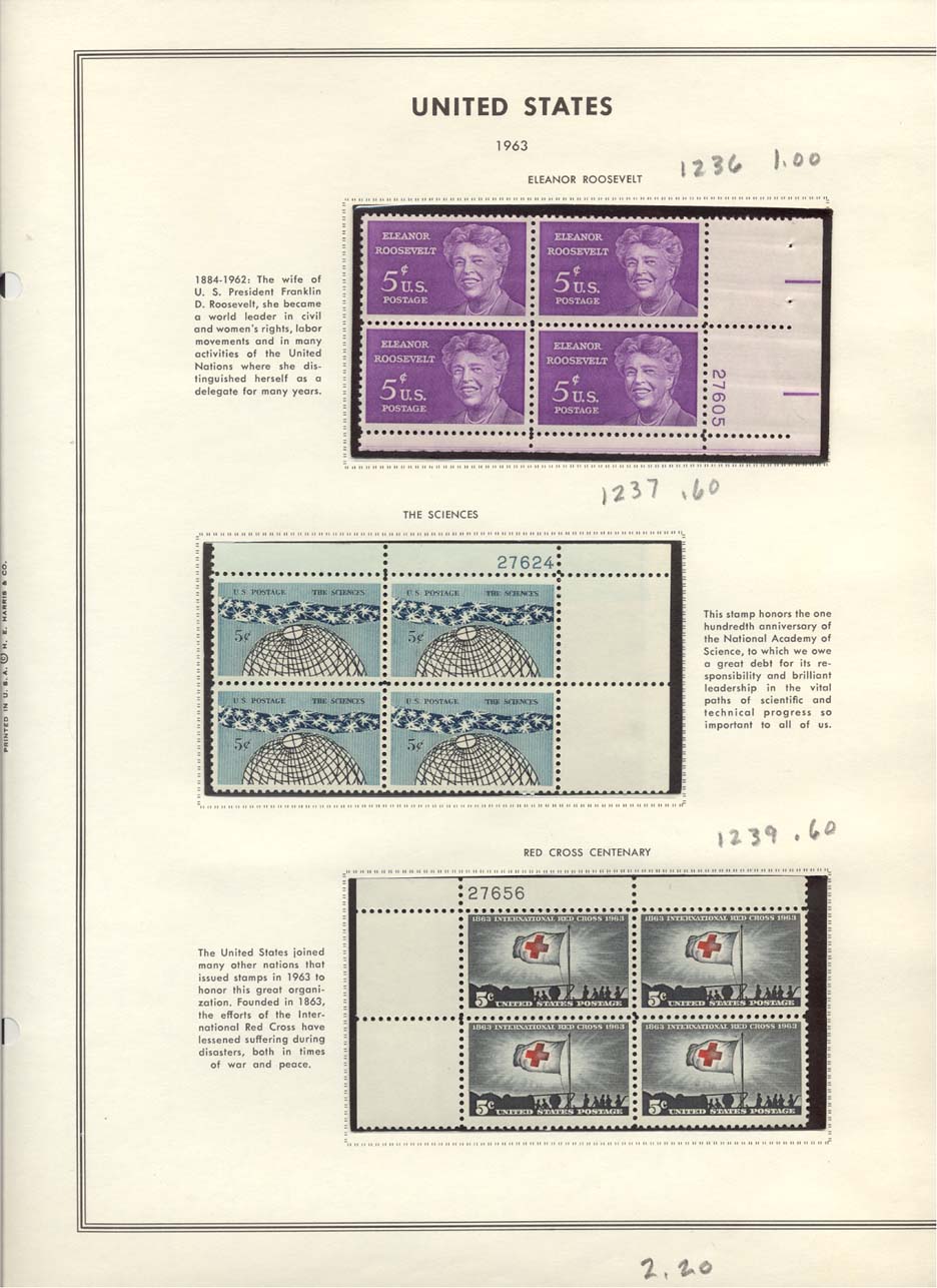 Stamp Plate Block Scott #1236 Eleanor Roosevelt, 1237 The Sciences, & 1239 Red Cross Centenary