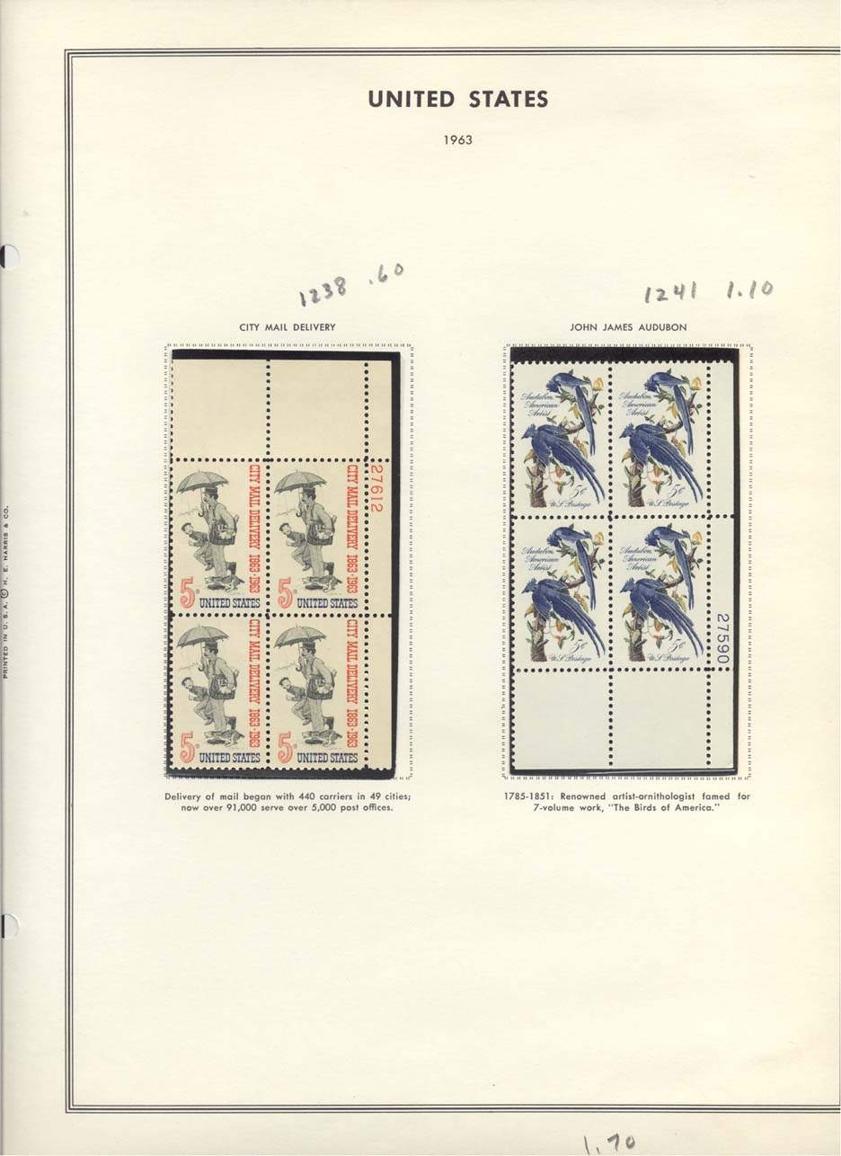 Stamp Plate Block Scott #1238 City Mail Delivery & 1241 John Audubon