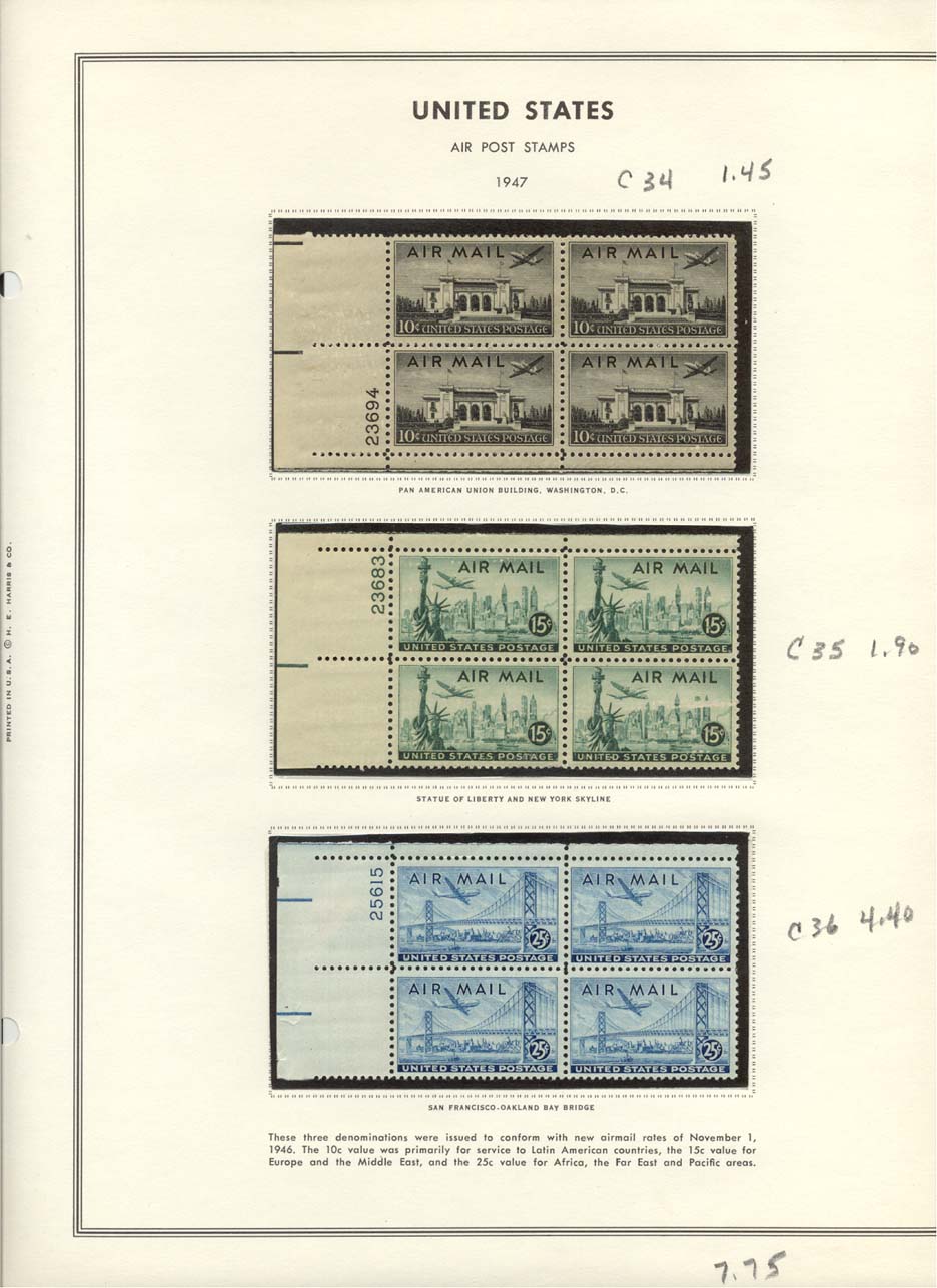 Stamp Plate Block Scott #C34 Pan American Union Building, C35 Statue of Liberty, & C36 San Francisco Oakland Bay Bridge Air Post Air Mail Stamps