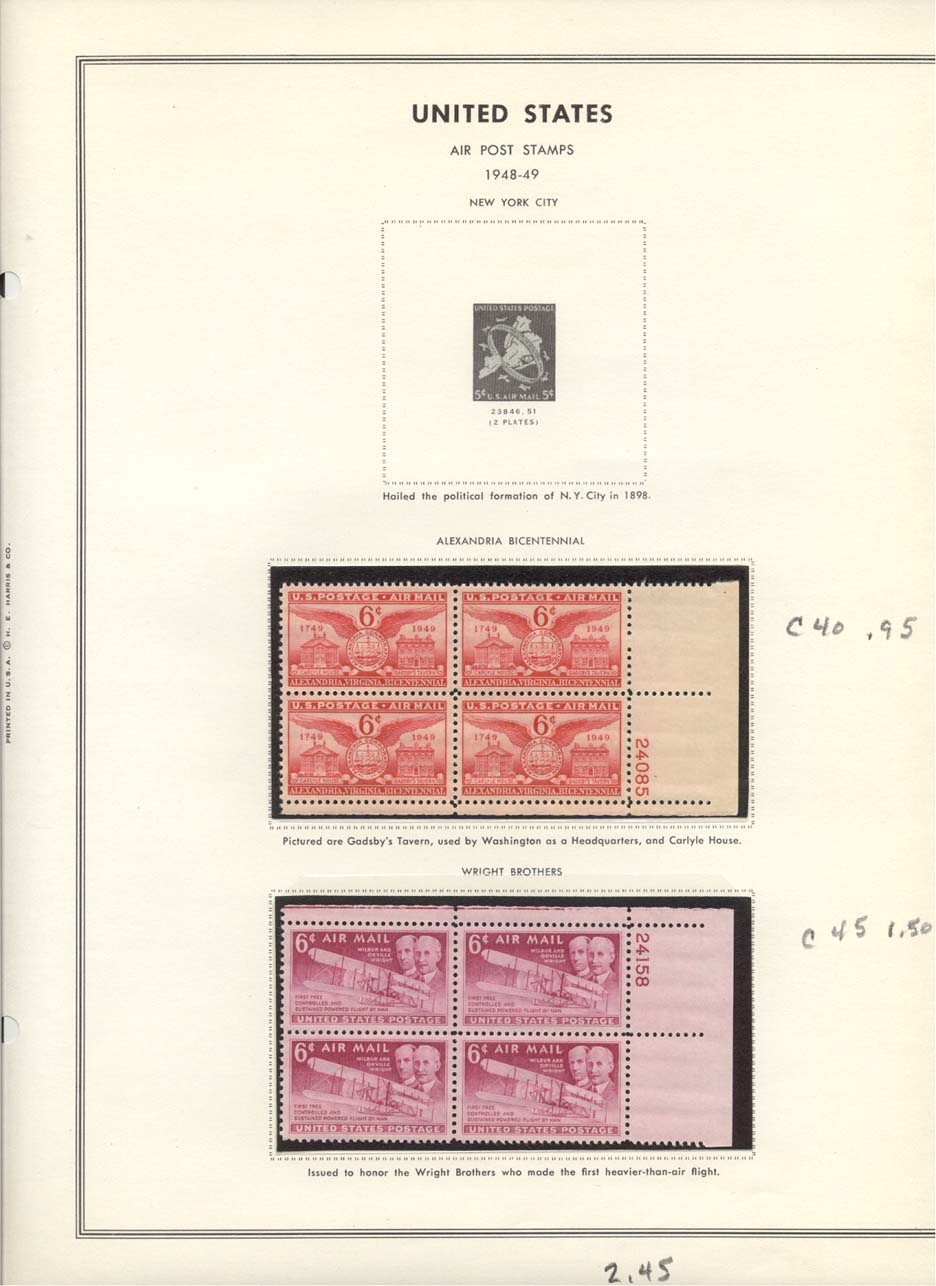 Stamp Plate Block Scott #C40 Alexandria Bicentennial & C45 Wright Brothers Air Post Air Mail Stamps