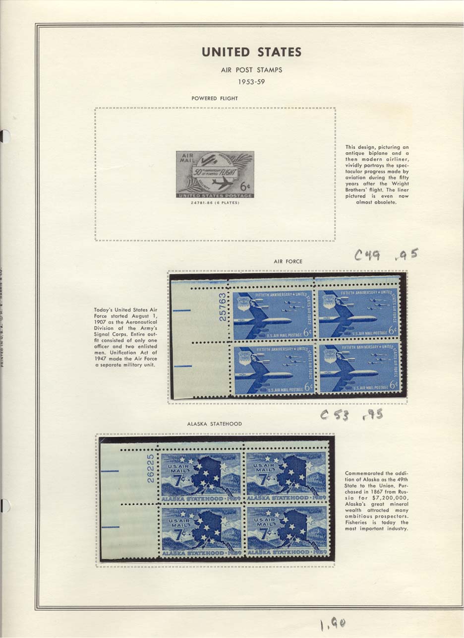 Stamp Plate Block Scott #C49 Air Force & C53 Alaska Statehood Air Post Air Mail Stamps