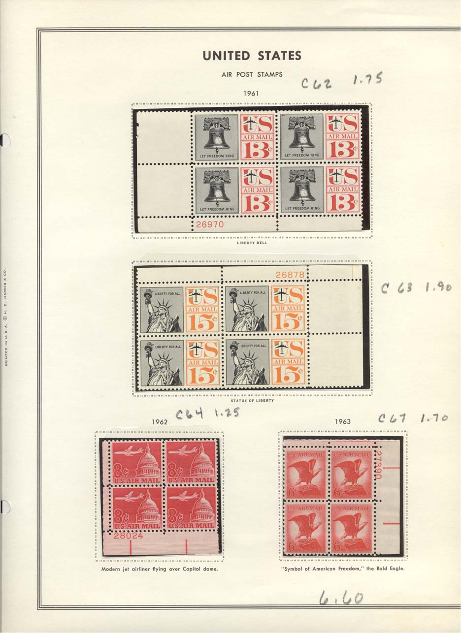 Stamp Plate Block Scott #C62 Liberty Bell, C63 Statue of Liberty, C64 Jet Airplane over Capitol Dome, & C67 Eagle Air Post Air Mail Stamps