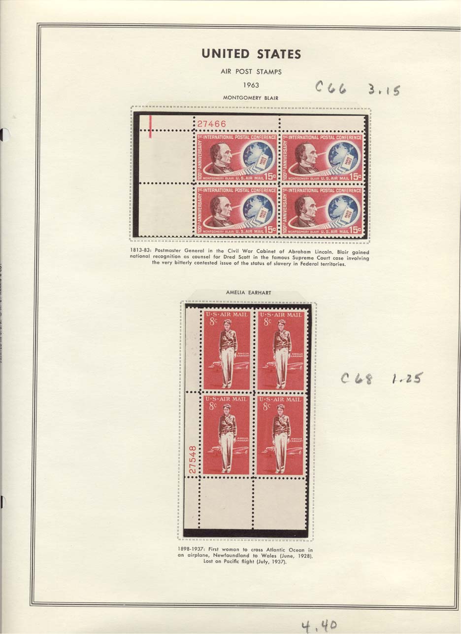Stamp Plate Block Scott #C66 Montgomery Blair & C68 Amelia Earhart Air Post Air Mail Stamps
