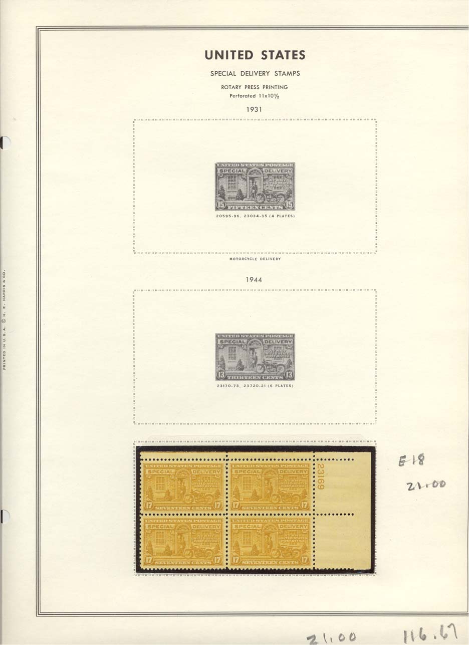 Alaska Coin Exchange Presents Stamp Plate Block Collection Book One Scott #E18 Special Delivery Stamps
