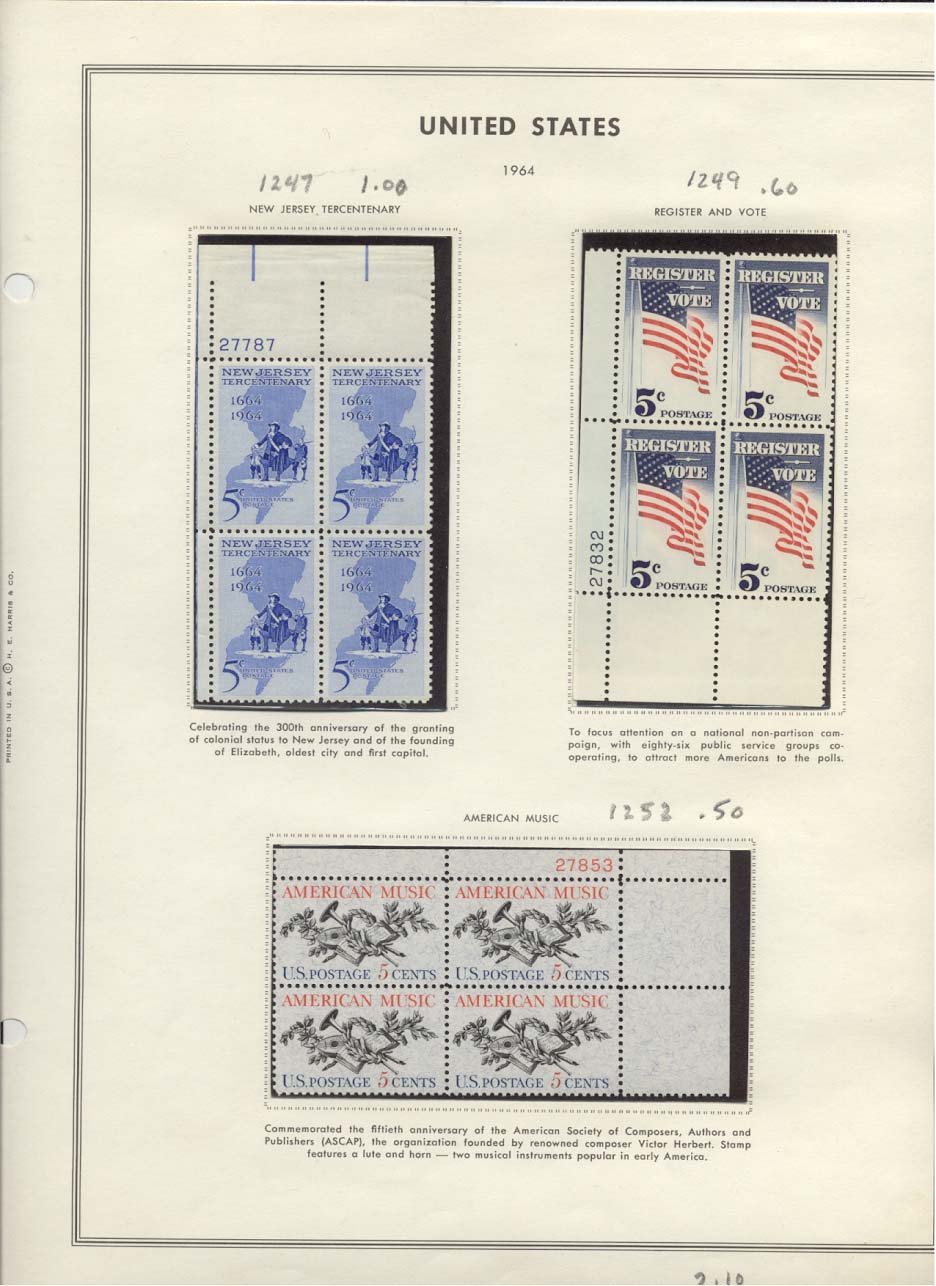 Scott #1247 New Jersey Tercentenary 1249 Register and Vote 1252 American Music