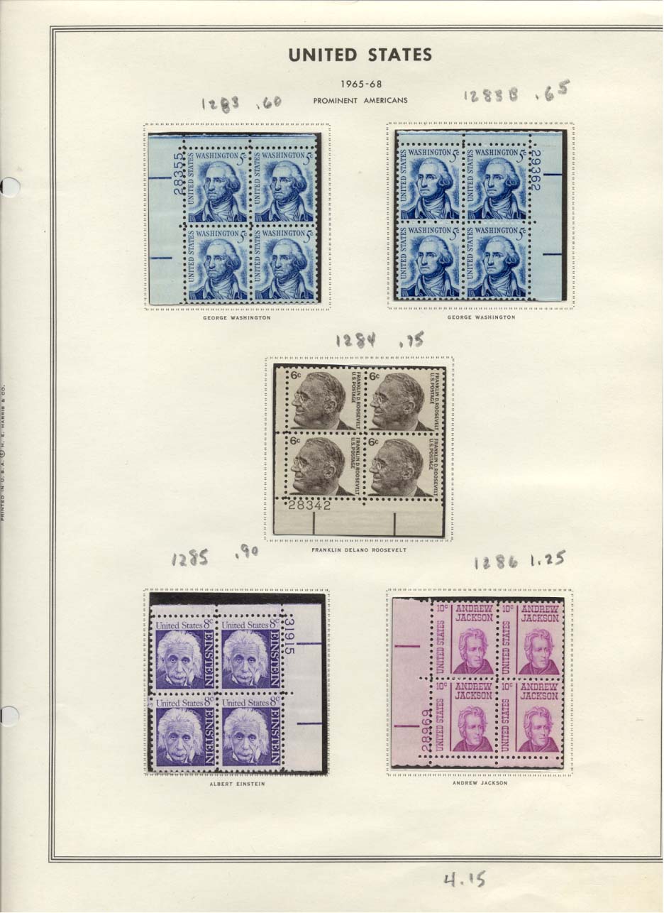 Scott #1283 and 1283B George Washington 1284 Franklin Delano Roosevelt 1285 Albert Einstein 1286 Andrew Jackson