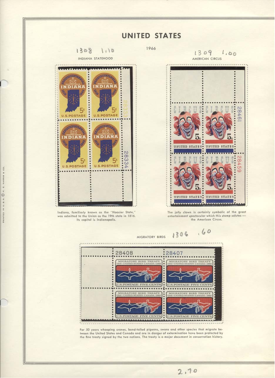 Scott #1308 Indiana Statehood 1309 American Circus 1306 Migratory Birds