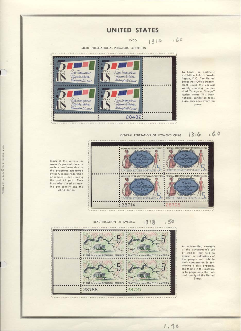 Scott #1310 Sixth International Philatelic Exhibition 1316 General Federation of Women's Clubs 1318 Beautification of America