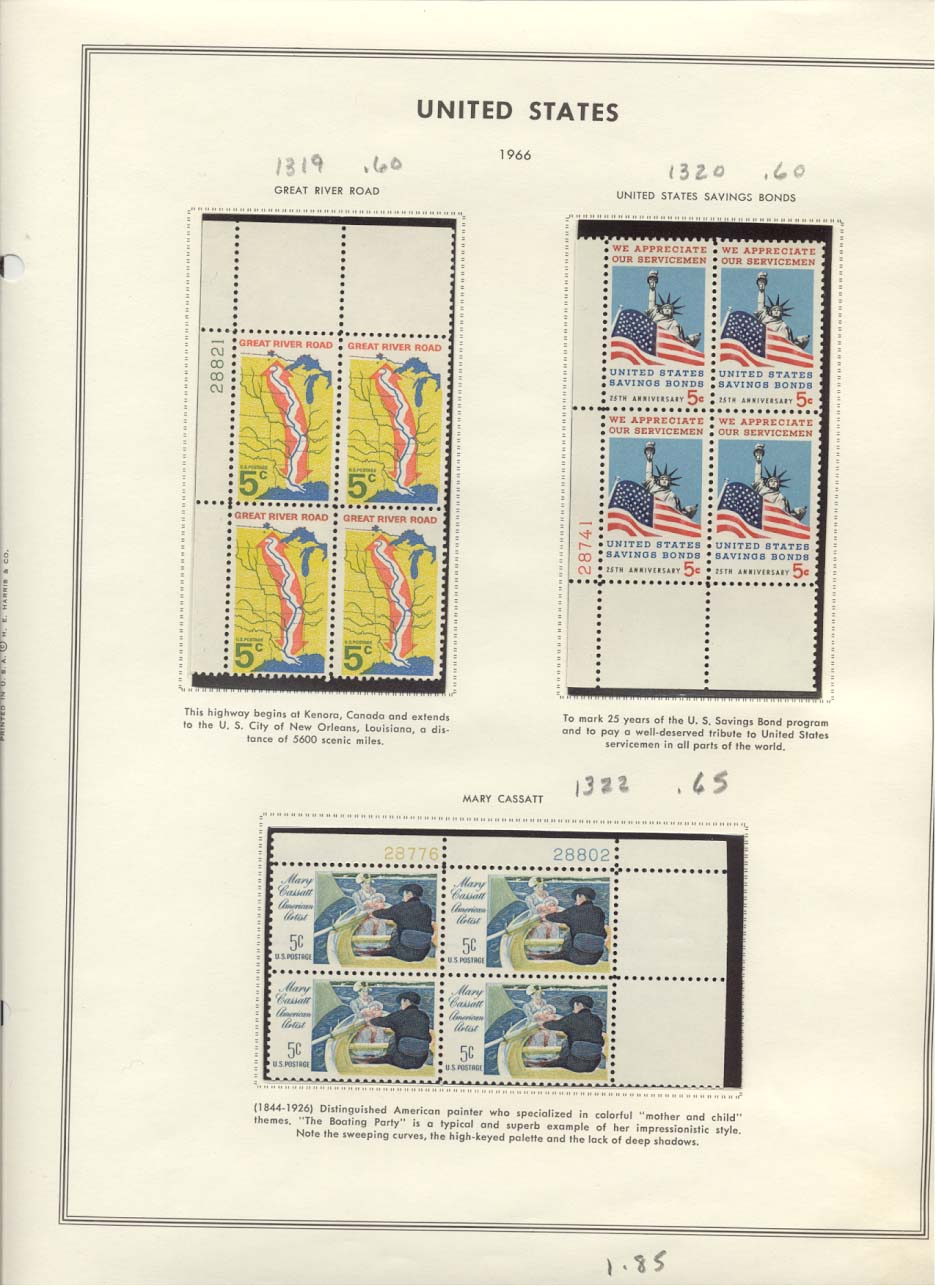 Scott #1319 Great River Road 1320 Savings Bonds 1322 Mary Cassatt