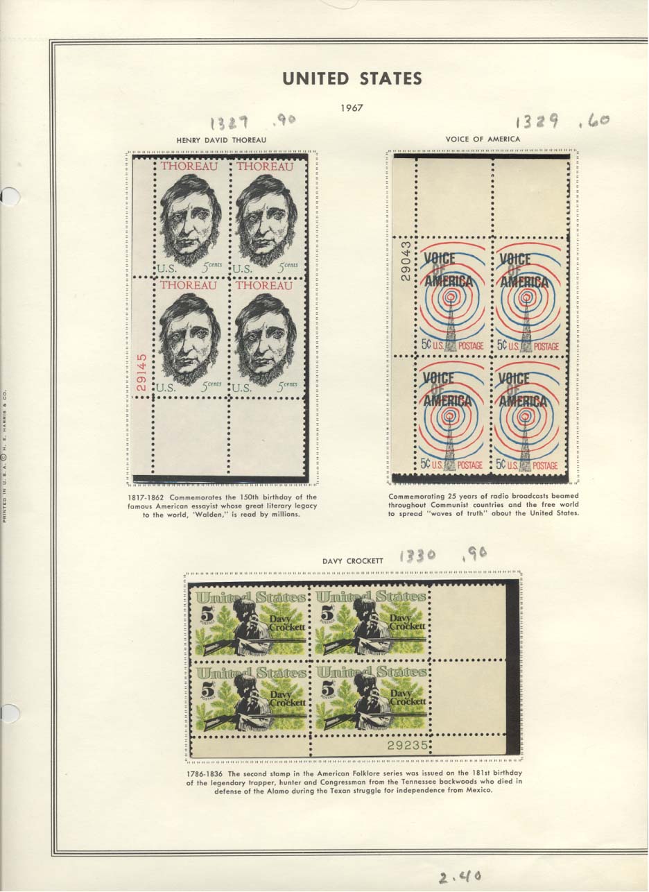 Scott #1327 Henry David Thoreau 1329 Voice Of America 1330 Davy Crockett