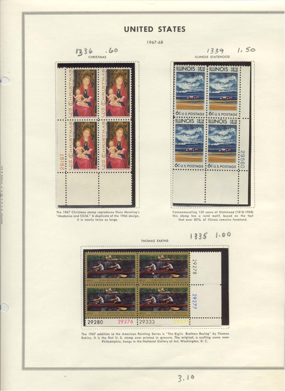 Scott #1336 Christmas 1967 1339 Illinois Statehood 1335 Thomas Eakins