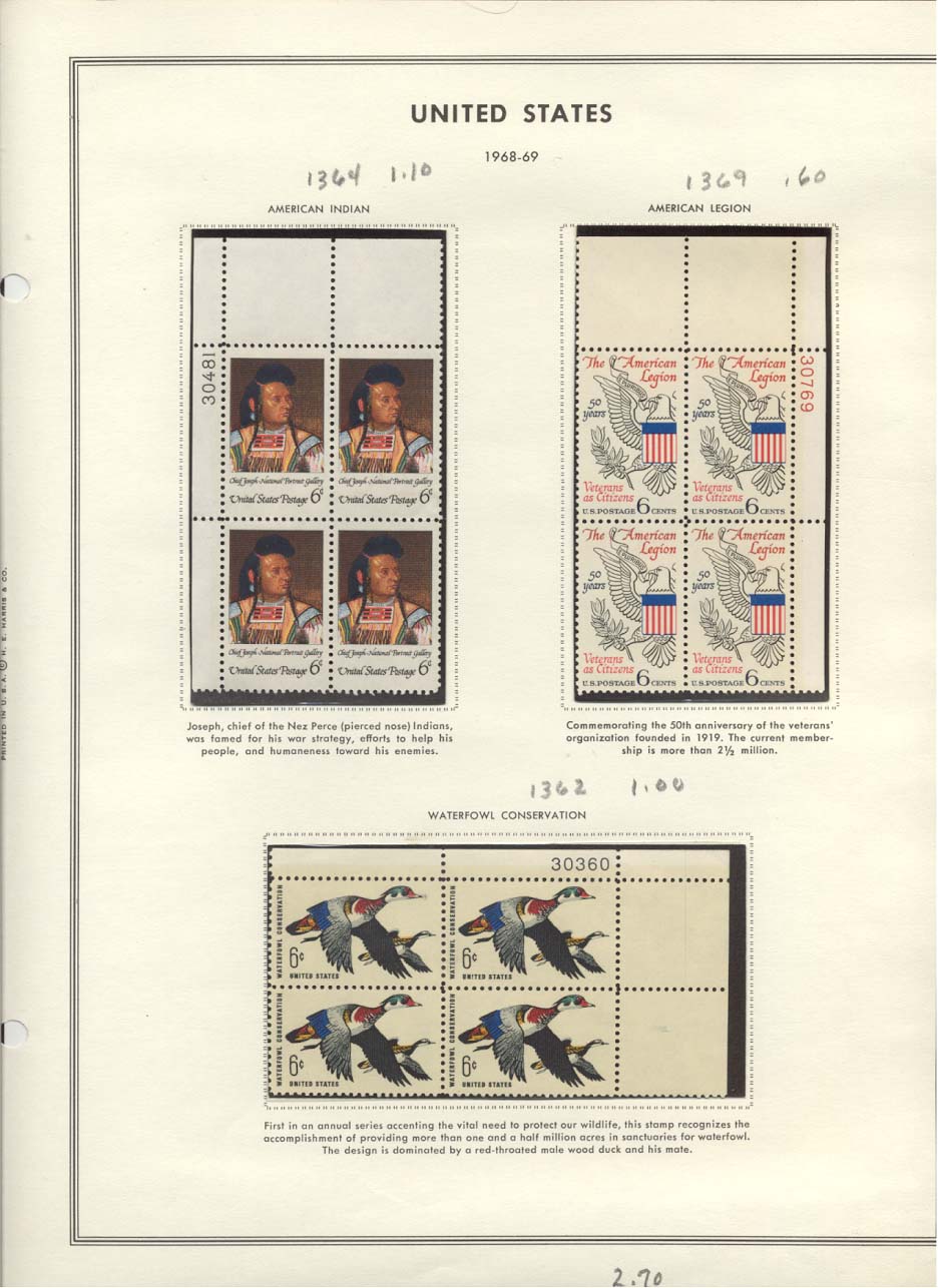 Stamp Plate Block Scott #1364 Chief Joseph, 1369 American Legion, & 1362 Waterfowl Conservation