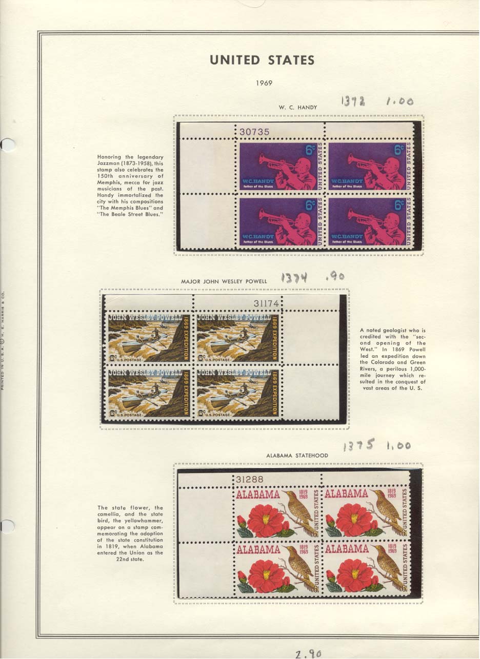 Stamp Plate Block Scott #1372 W. C. Handy, 1374 Major John Wesley Powell, & 1375 Alabama Statehood