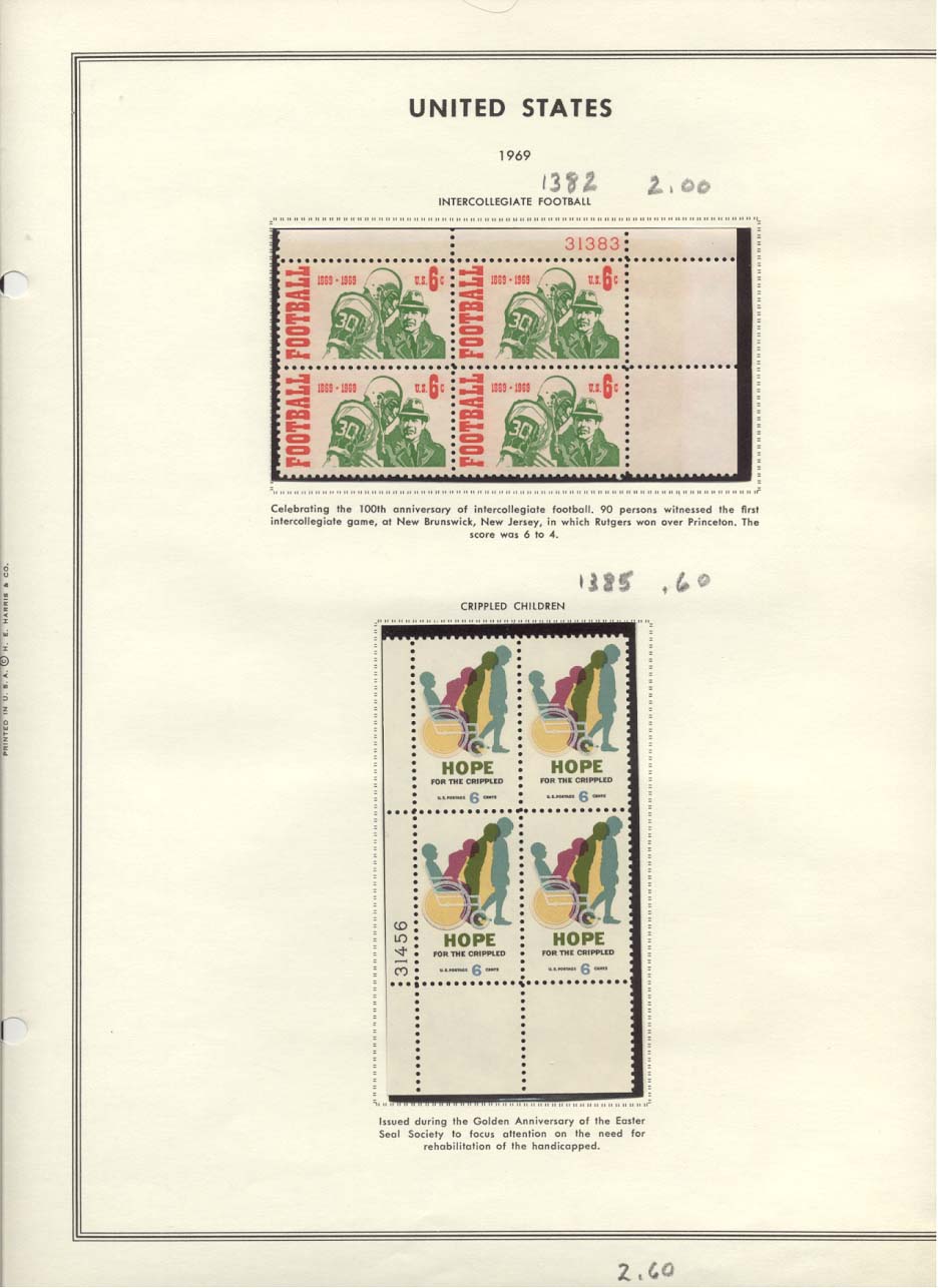Stamp Plate Block Scott #1382 Intercollegiate Football & 1385 Crippled Children