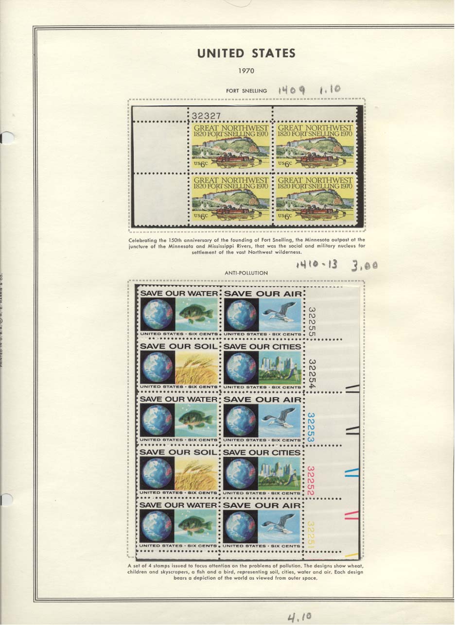 Stamp Plate Block Scott #1409 Fort Snelling & 1410-1413 Anti Pollution